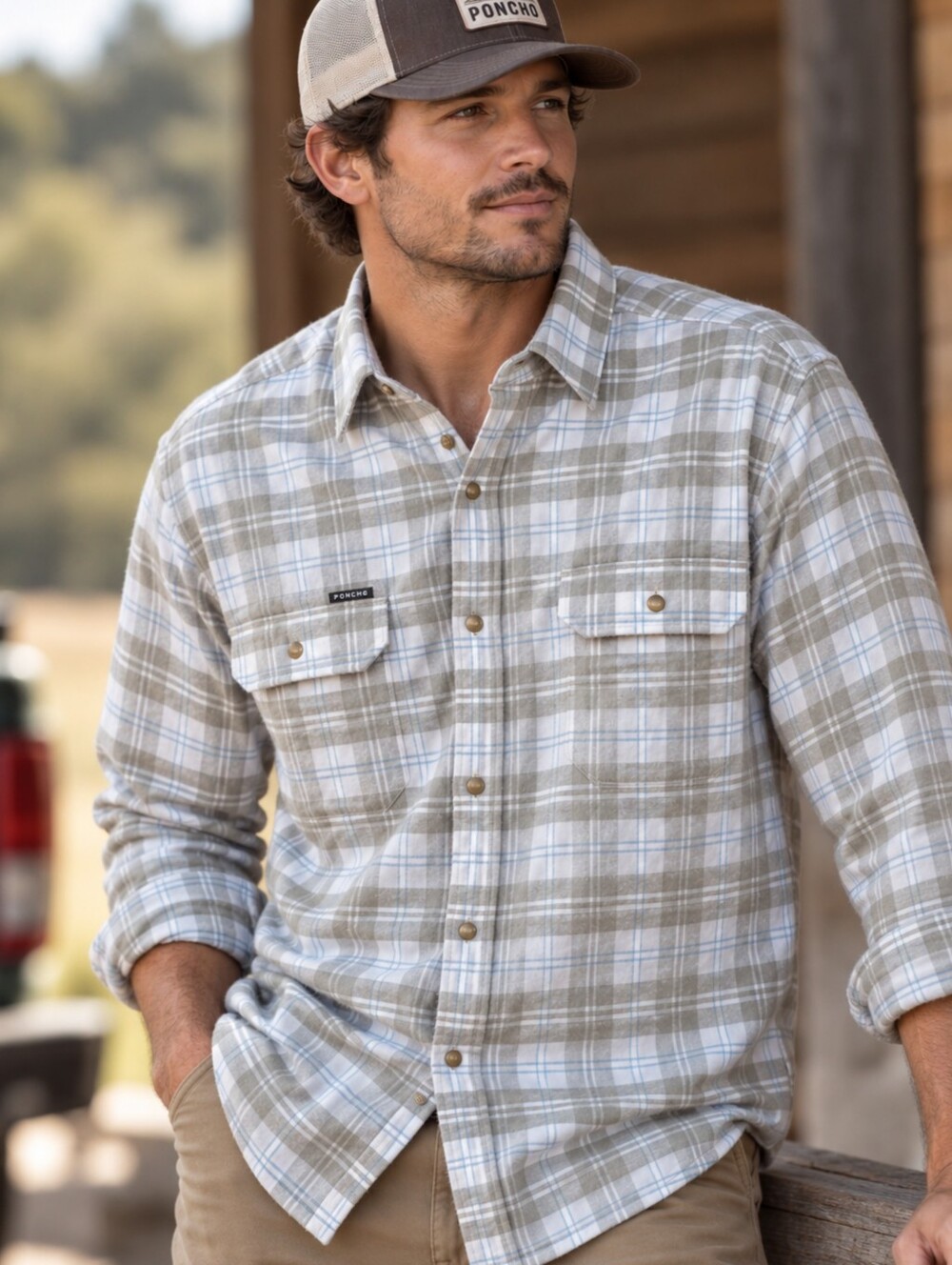 Poncho Snowcat Flannel Shirt Gray Blue Plaid Magnetic Pockets Regular Mens XL